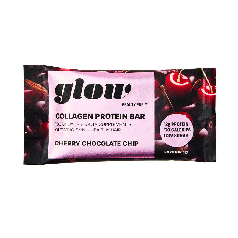 Collagen protein bar packaging with cherry chocolate chip flavor on a white background