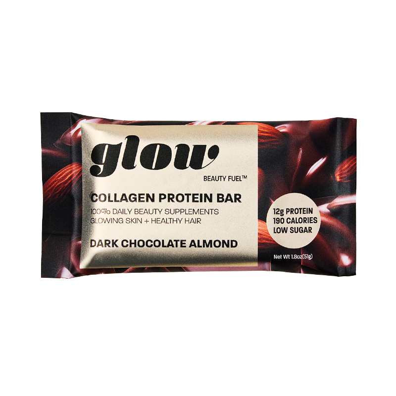 Collagen protein bar packaging with 'glow' branding on a white background