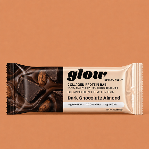 A packaged collagen protein bar from glow Beauty Fuel, Dark Chocolate Almond flavor, shown horizontally against a solid terracotta background. The wrapper features a dark chocolate and almond graphic on the left, and a light beige/cream section on the right with black text.