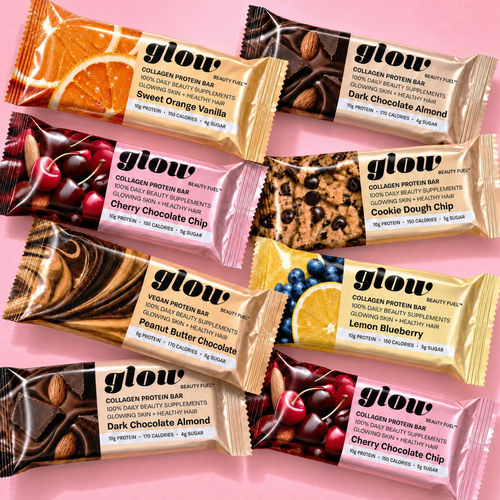 Six individually wrapped glow brand collagen protein bars arranged in a flat-lay on a pink background. The wrappers feature different flavor designs: orange, dark brown, pink, gold, cream, and dark red, each with the corresponding flavor name printed on the front.