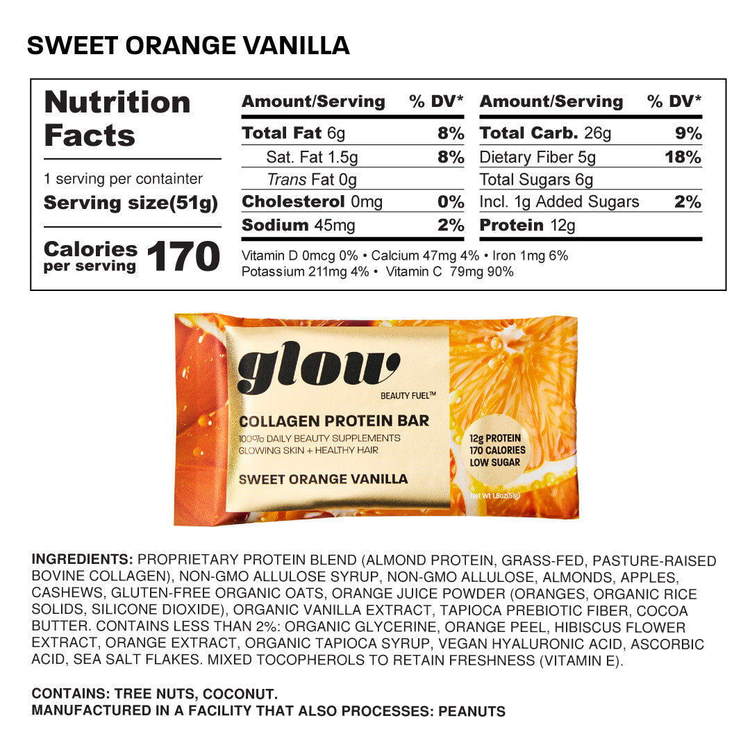 Nutrition label and packaging of Glow Sweet Orange Vanilla protein bar