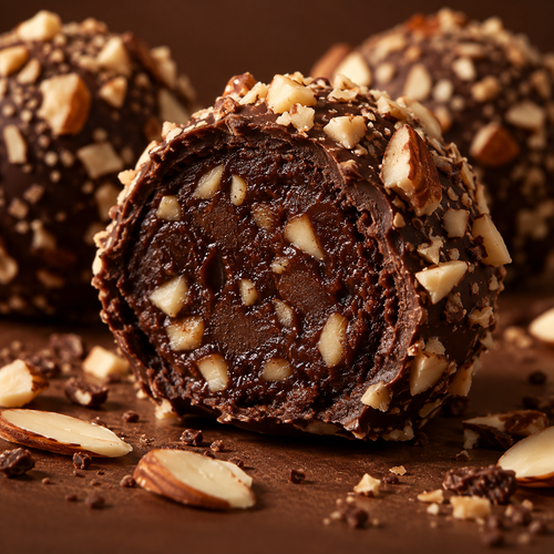 A close-up of a chocolate truffle with a cross-section showing a rich dark chocolate filling, topped with chopped almonds and nuts, on a dark brown surface with scattered almond slices.