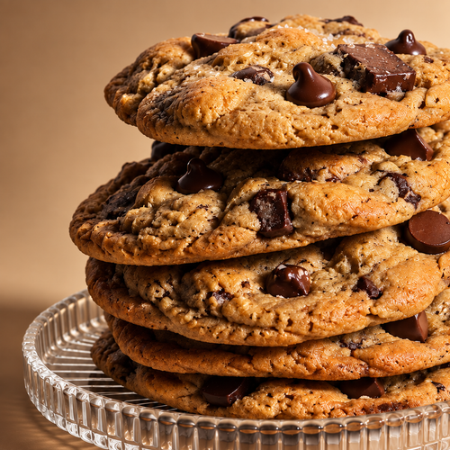 A tall stack of five chocolate chip cookies on a clear glass plate against a warm beige background.