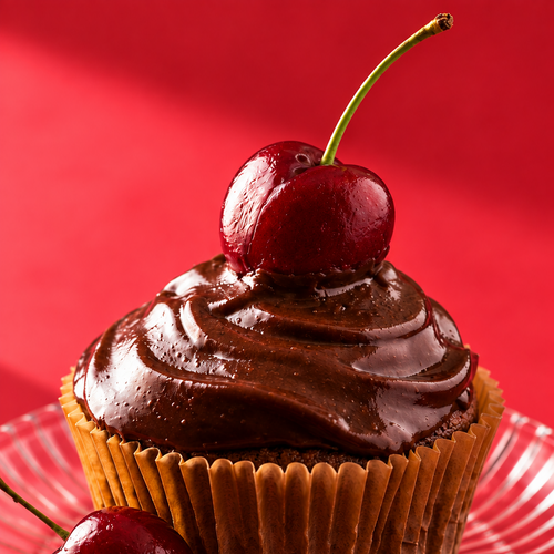 A close-up of a chocolate cupcake topped with a glossy cherry, set on a red striped plate against a bright red background.