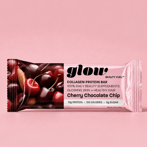 A packaged collagen protein bar in a pink wrapper with cherry and almond imagery, labeled 'glow BEAUTY FUEL' and 'Cherry Chocolate Chip,' on a solid pink background.