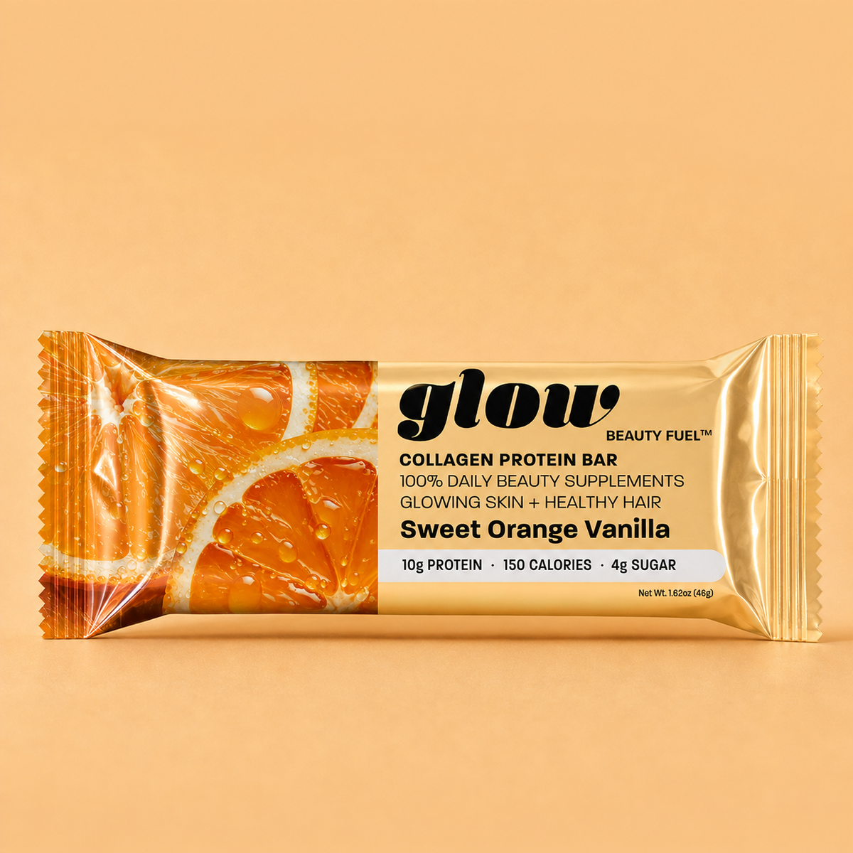 A single wrapped collagen protein bar from glow Beauty Fuel, Sweet Orange Vanilla flavor, shown on a solid peach-beige background. The packaging is metallic gold with a graphic of sliced orange on the left side and black text on the right.